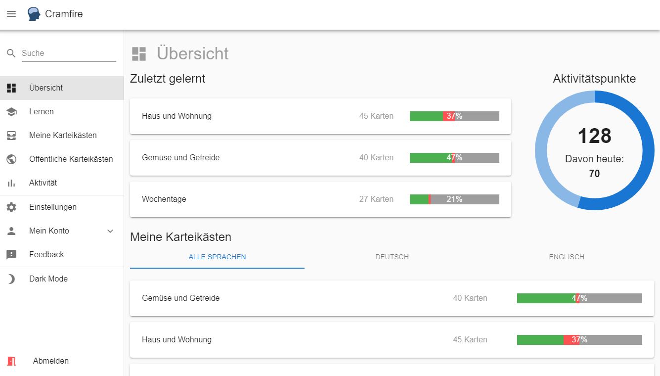 Dashboard unseres Vokabeltrainers Cramfire